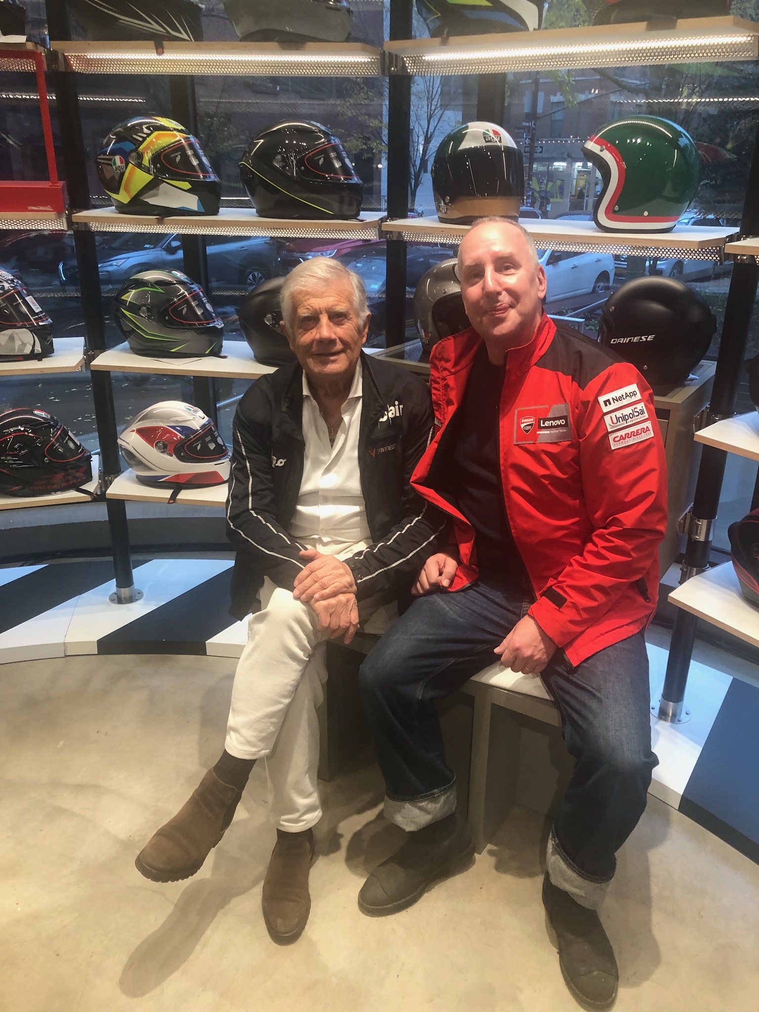 Corey Seymour with motorcycle-racing legend Giacomo Agostini at an event in Manhattan.