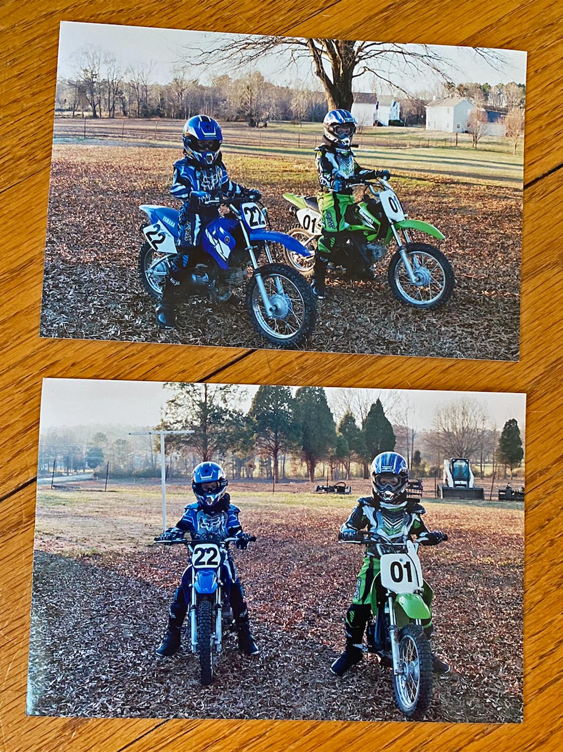 When Austin was 9 years old and Brandon was 7, they each had their own dirt bikes. Austin is on the green Kawasaki and Brandon is on the blue Yamaha.