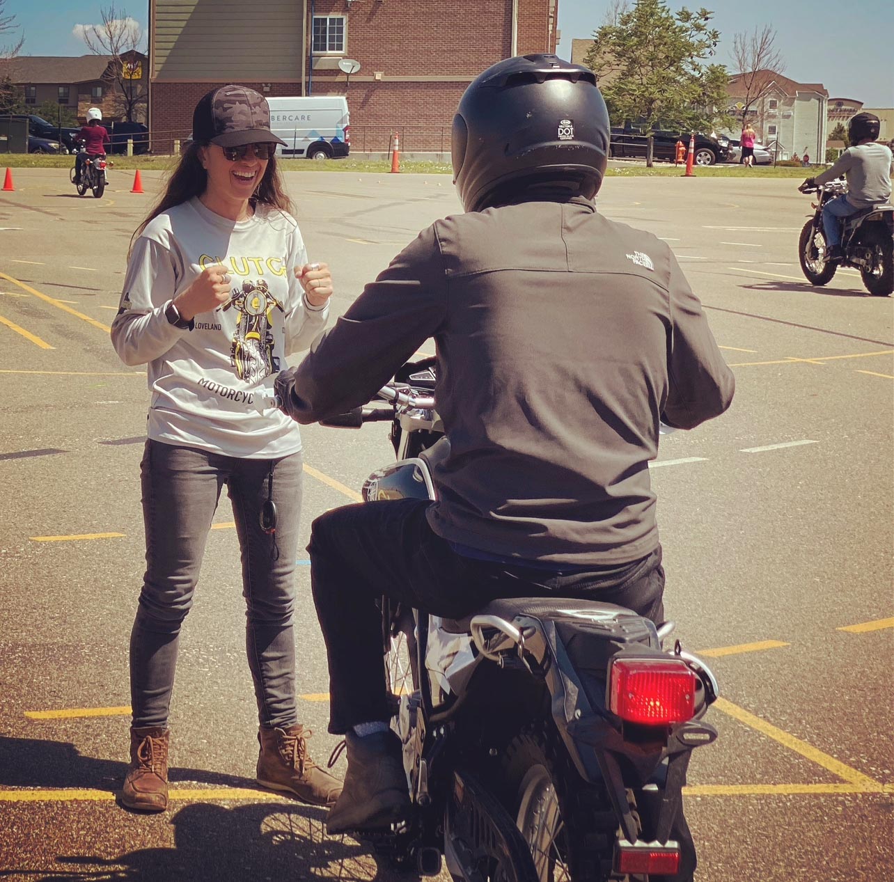 Piper coaches students in a Basic RiderCourse. Her school is now in its fourth season and, with three locations, won Colorado's very first "Training School of the Year" award in 2022.