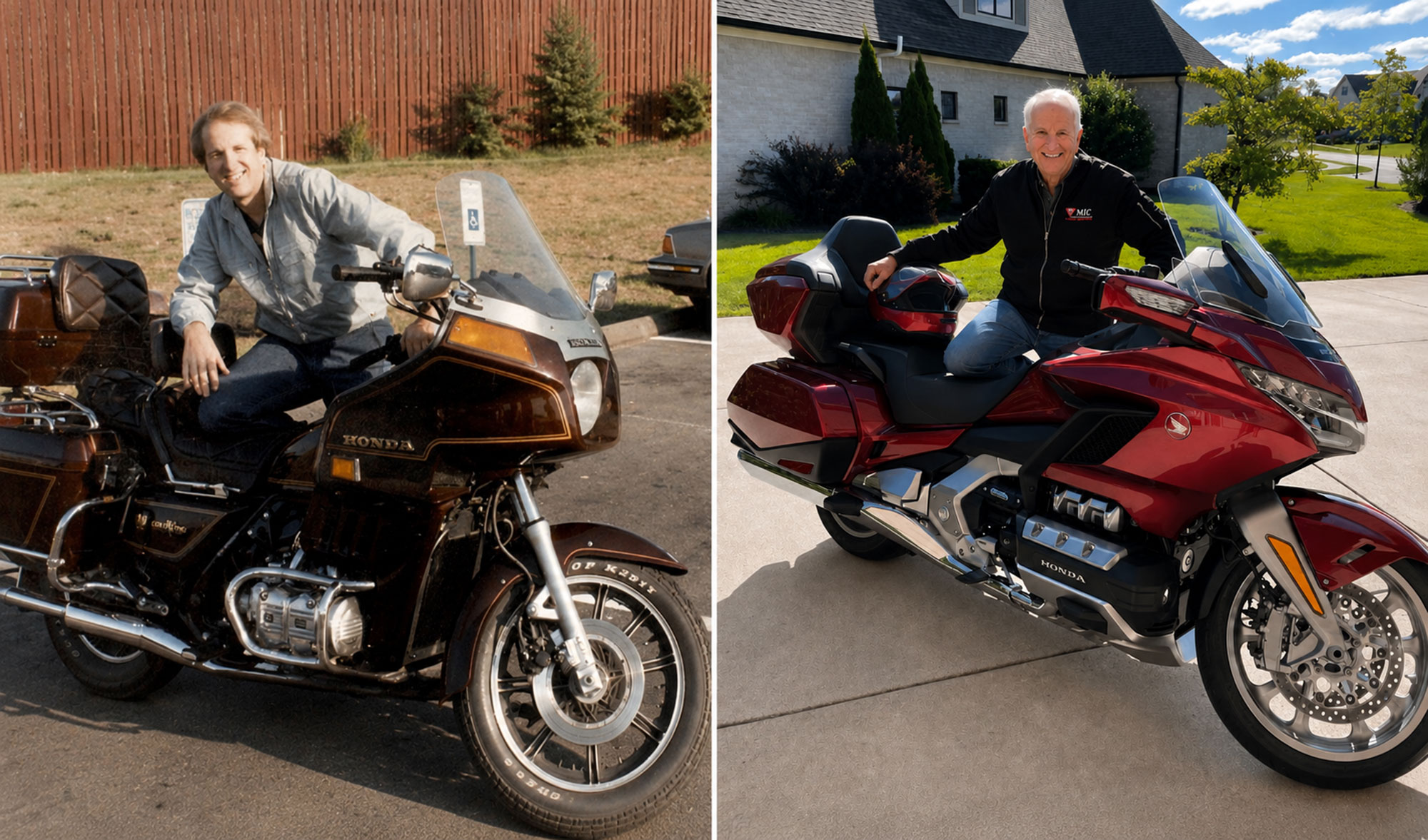 Ochs has had a Honda Gold Wing in his garage for many years. At left, Ochs with his 1983 Gold Wing; at right, with his 2023 Gold Wing.